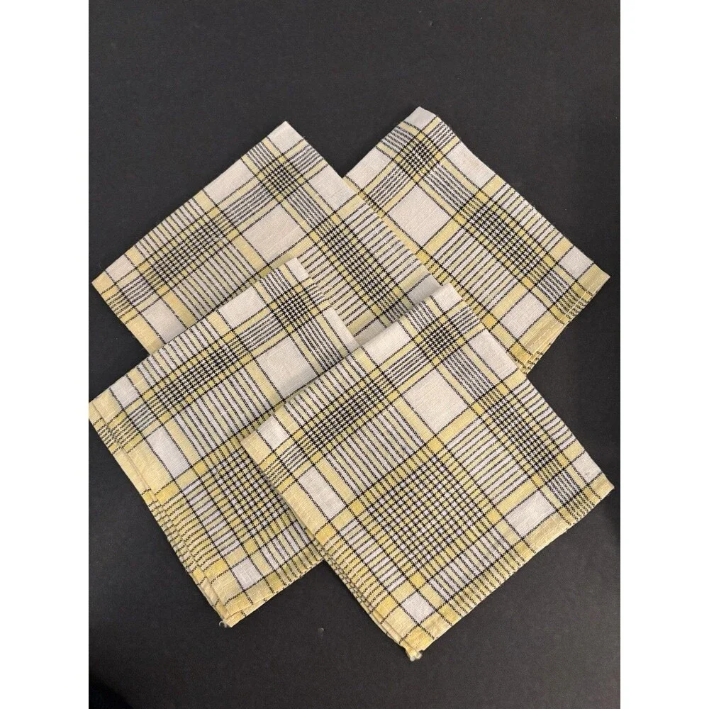 Vintage Yellow and Black Linen Cocktail Napkins